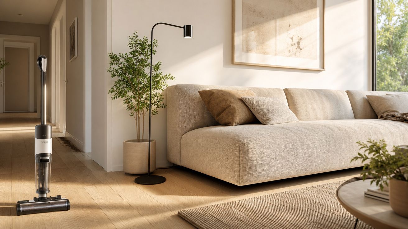 Sala de estar luminosa com sofá bege, planta, candeeiro de pé e aspirador sem fios no chão de madeira.