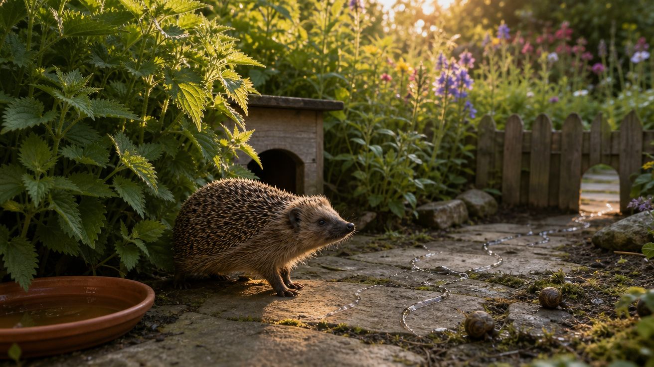 Ouriço a caminhar num jardim com plantas, casa para animais e caracóis ao entardecer.