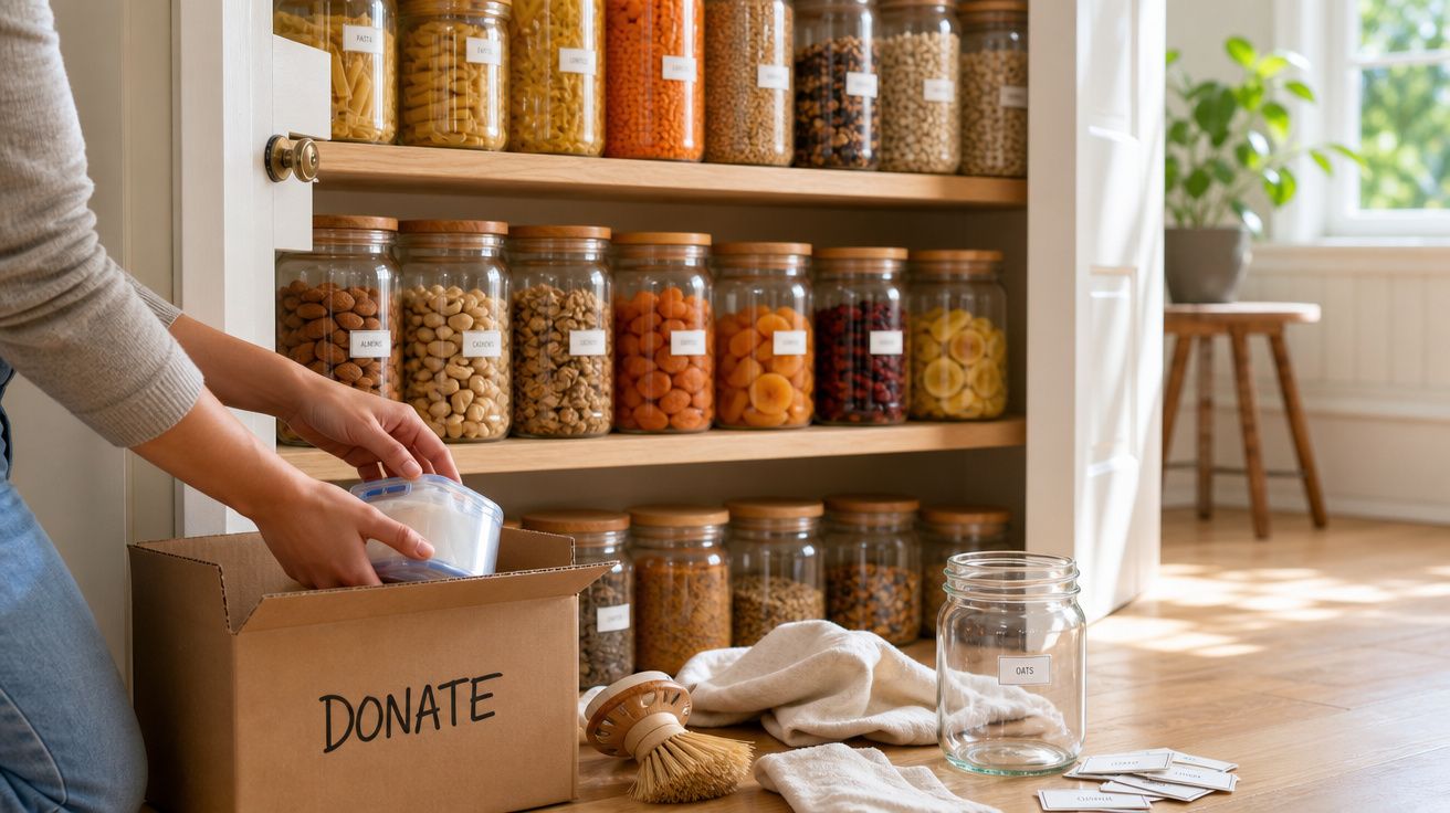 Pessoa a colocar frascos de alimentos secos numa caixa para doação, com estantes organizadas ao fundo.