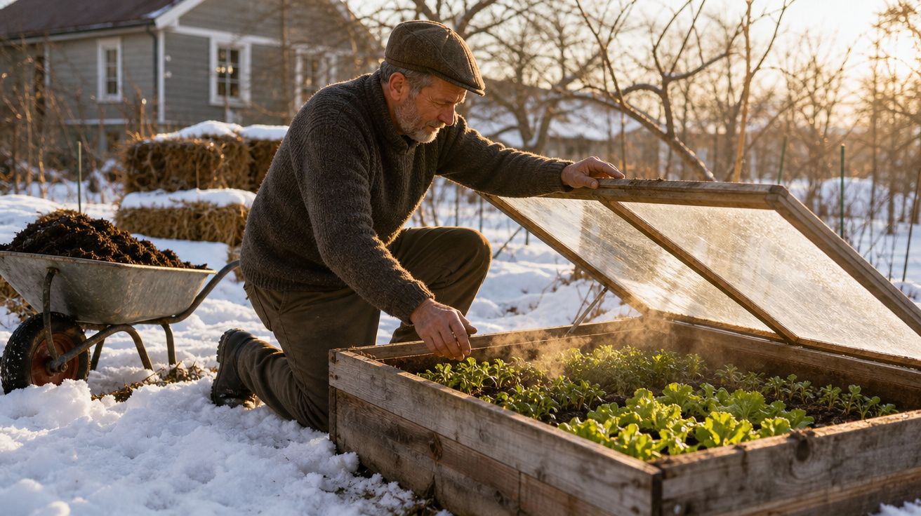 Homem a cuidar de plantas numa estufa baixa com neve no chão ao redor, ao pôr do sol.