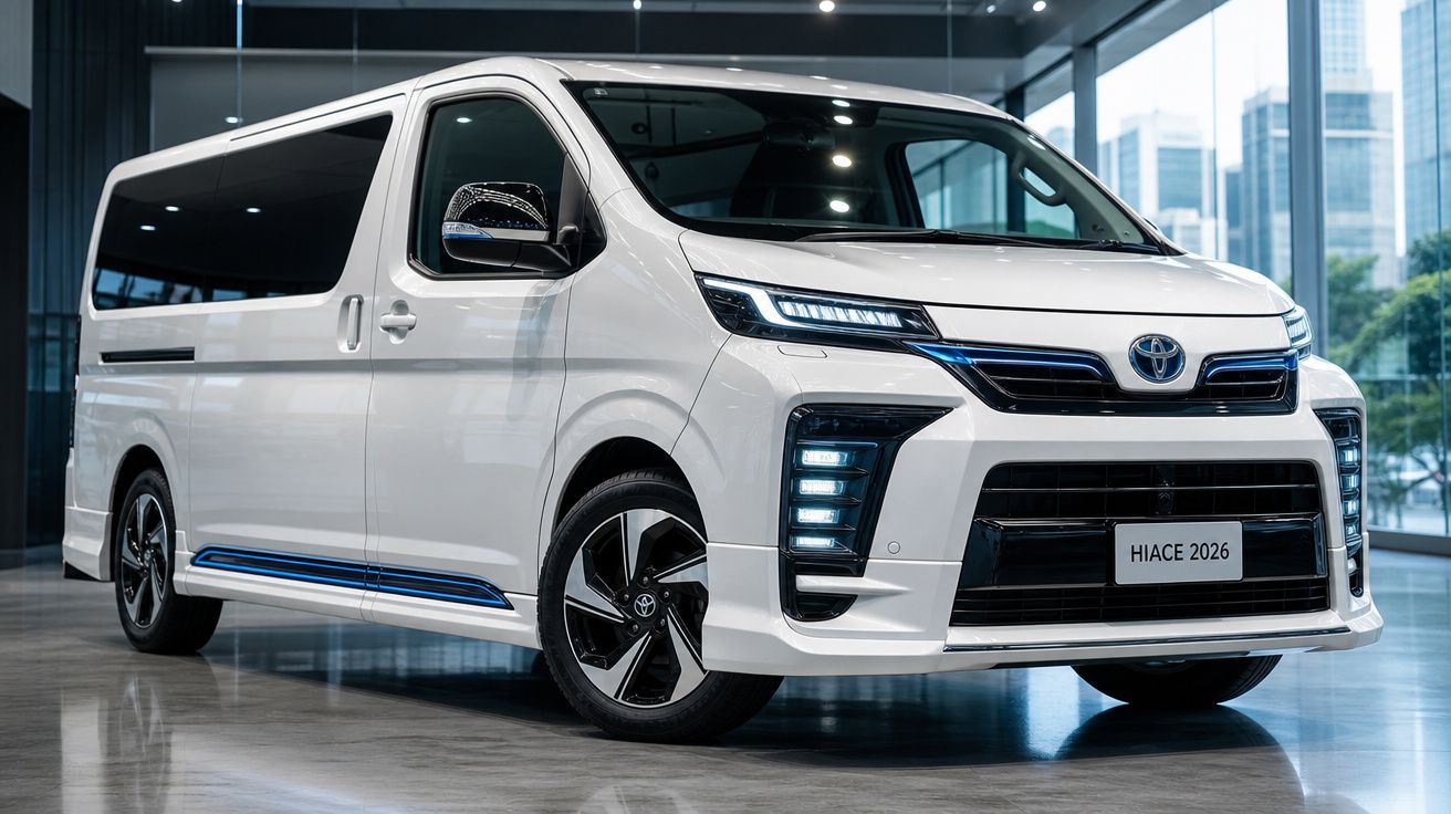 Furgão branco Toyota Hiace 2026 com design moderno exposto em ambiente interior.