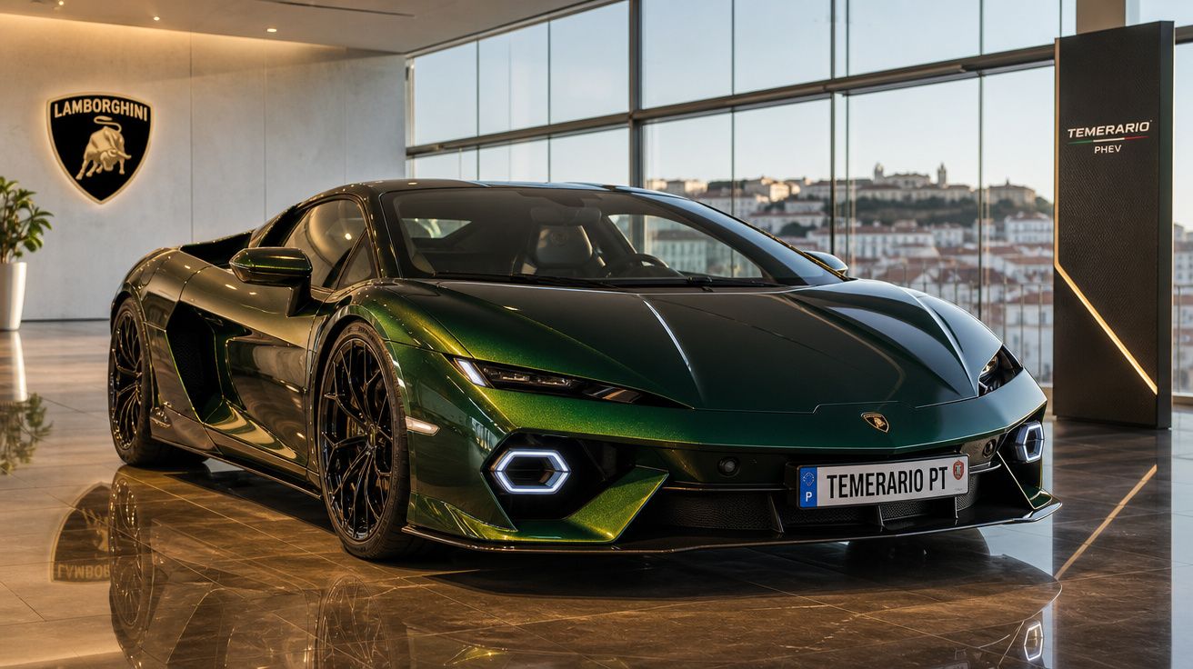 Lamborghini verde metálico exposto em showroom moderno com vista panorâmica da cidade ao fundo.