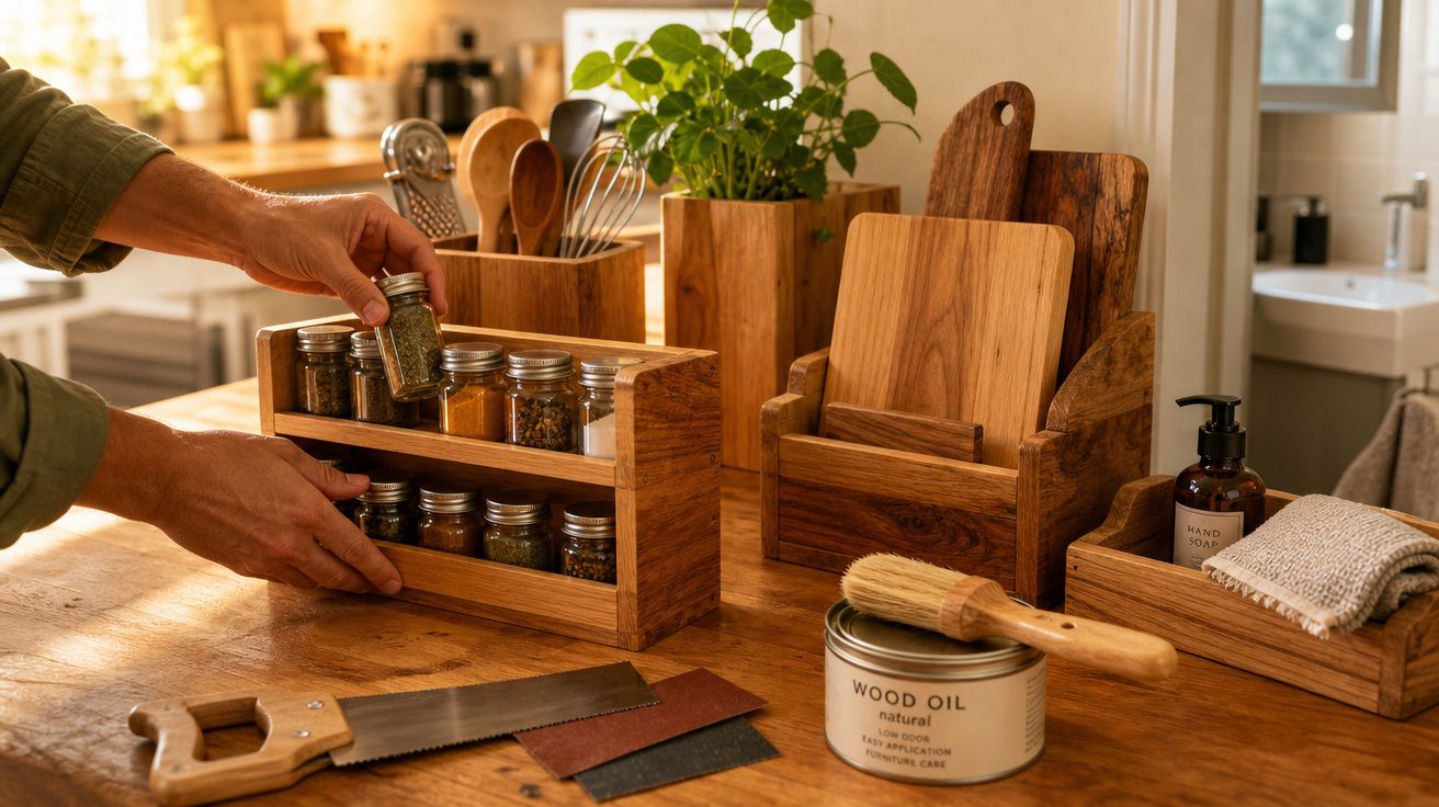 Mãos organizam frascos de especiarias em suporte de madeira numa cozinha com utensílios e óleo de madeira.