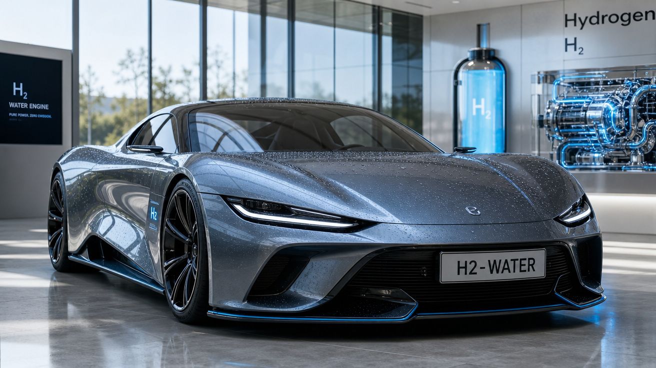Carro desportivo elétrico azul com gotículas de água, em exposição num espaço moderno e iluminado.