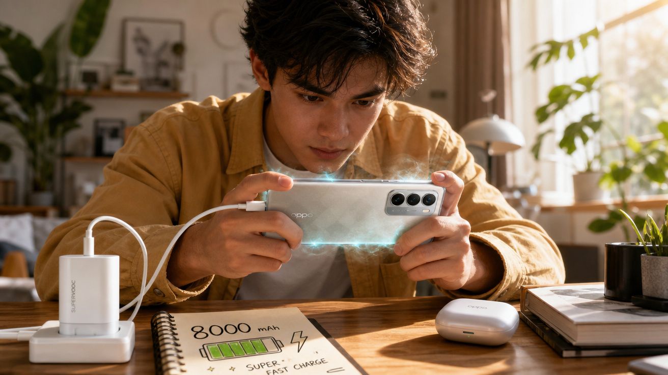 Jovem a jogar num smartphone OPPO carregado com tecnologia SuperVOOC 80W numa mesa com plantas e livros.