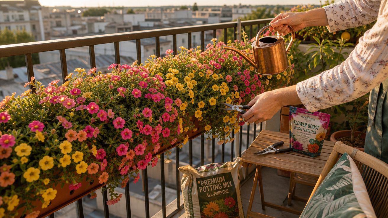 Pessoa a regar flores rosa e amarelas na varanda de um apartamento ao pôr do sol.