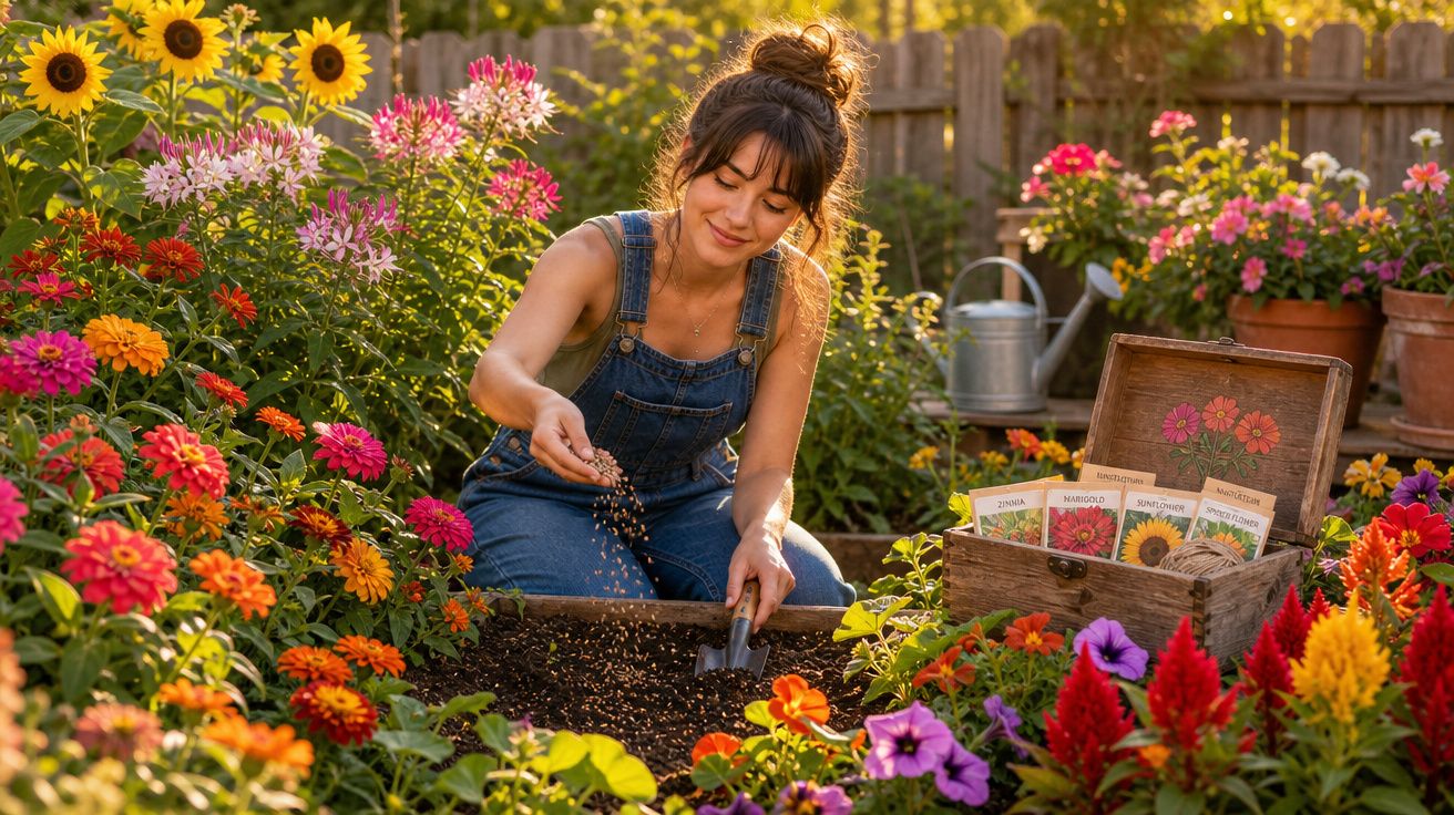 Mulher a semear flores num jardim colorido com várias plantas e sementes expostas.