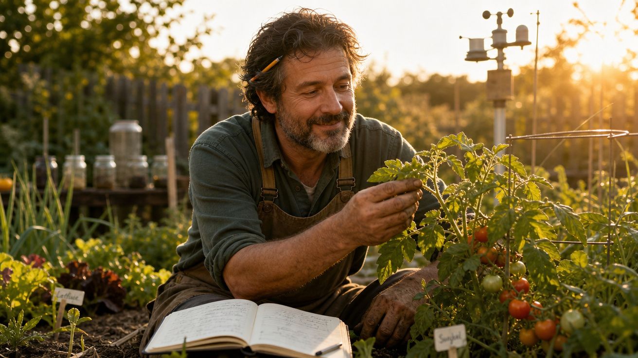 Homem sorridente cuida de planta de tomate num jardim ao pôr do sol com caderno aberto ao lado.