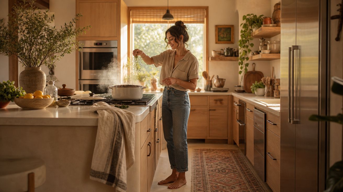 Mulher a cozinhar e temperar comida numa cozinha moderna e iluminada com elementos naturais.