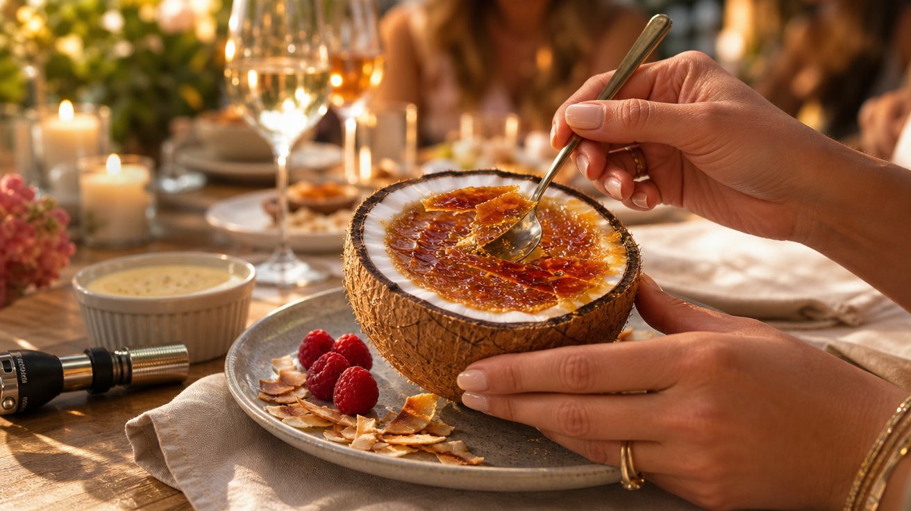 Pessoa a colher sobremesa servida numa côco cortado ao meio, com framboesas e lascas de coco num prato.