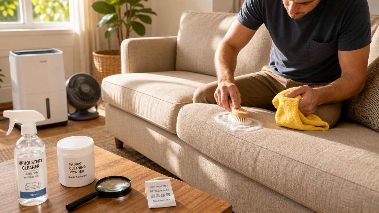 Homem limpa nódoa num sofá bege com escova, pano amarelo e produtos de limpeza numa sala iluminada.