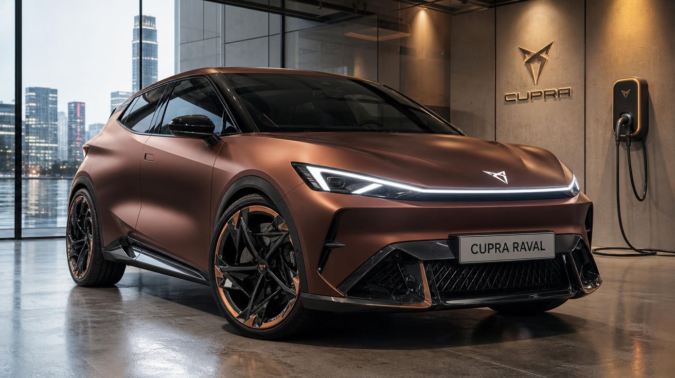 Carro elétrico Cupra Raval castanho metálico numa garagem moderna com estação de carregamento.