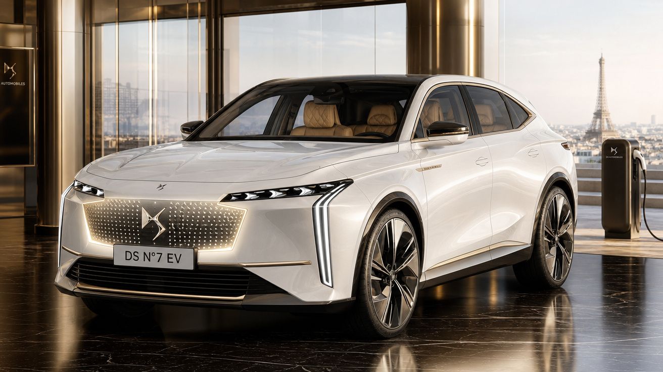 Carro elétrico DS Nº7 EV branco exibido em showroom moderno com a Torre Eiffel ao fundo.