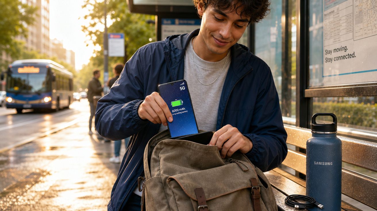 Jovem a guardar um telemóvel Samsung com bateria carregada num mochila numa paragem de autocarro.