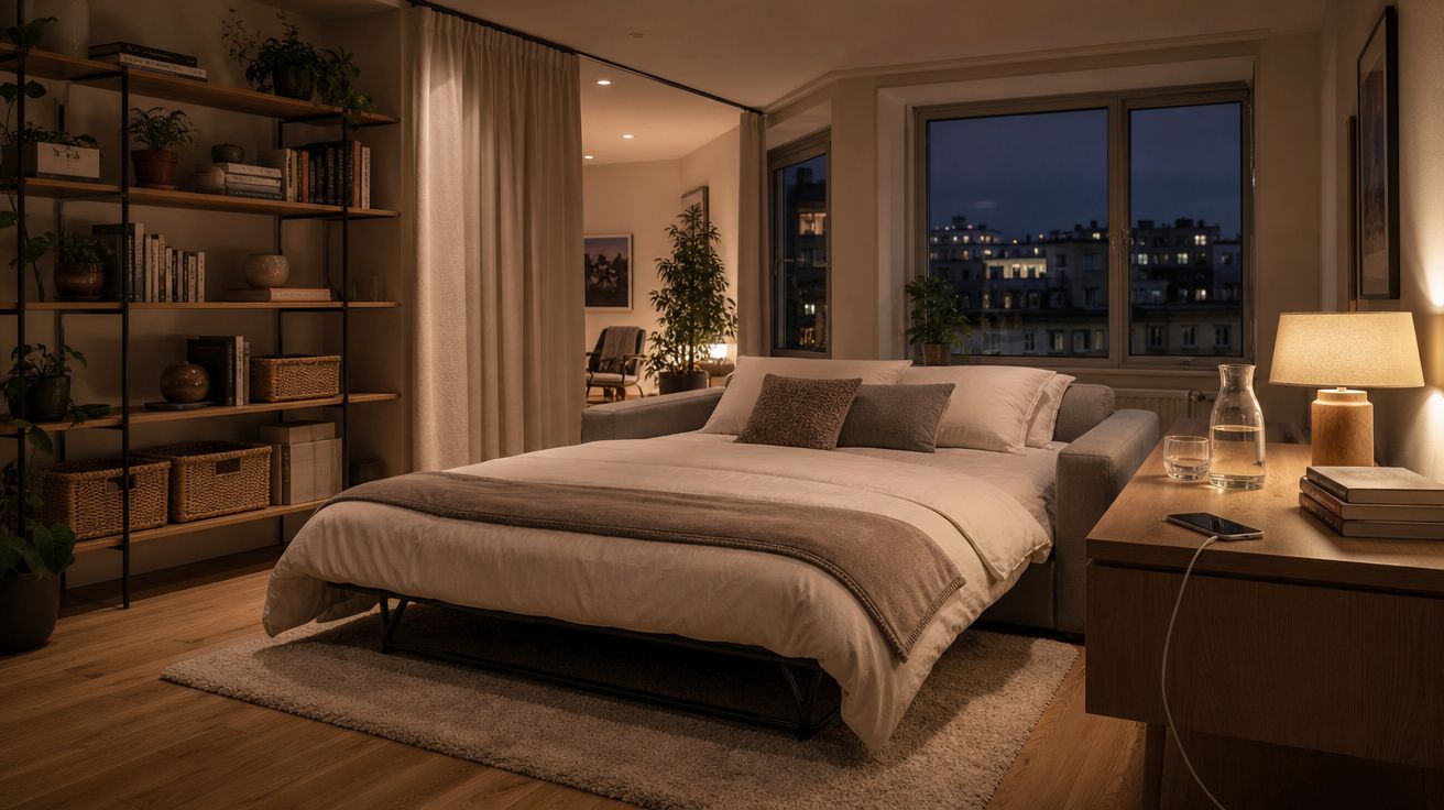 Quarto moderno acolhedor com cama, estante, casa de banho ao fundo e vista noturna da cidade pela janela.