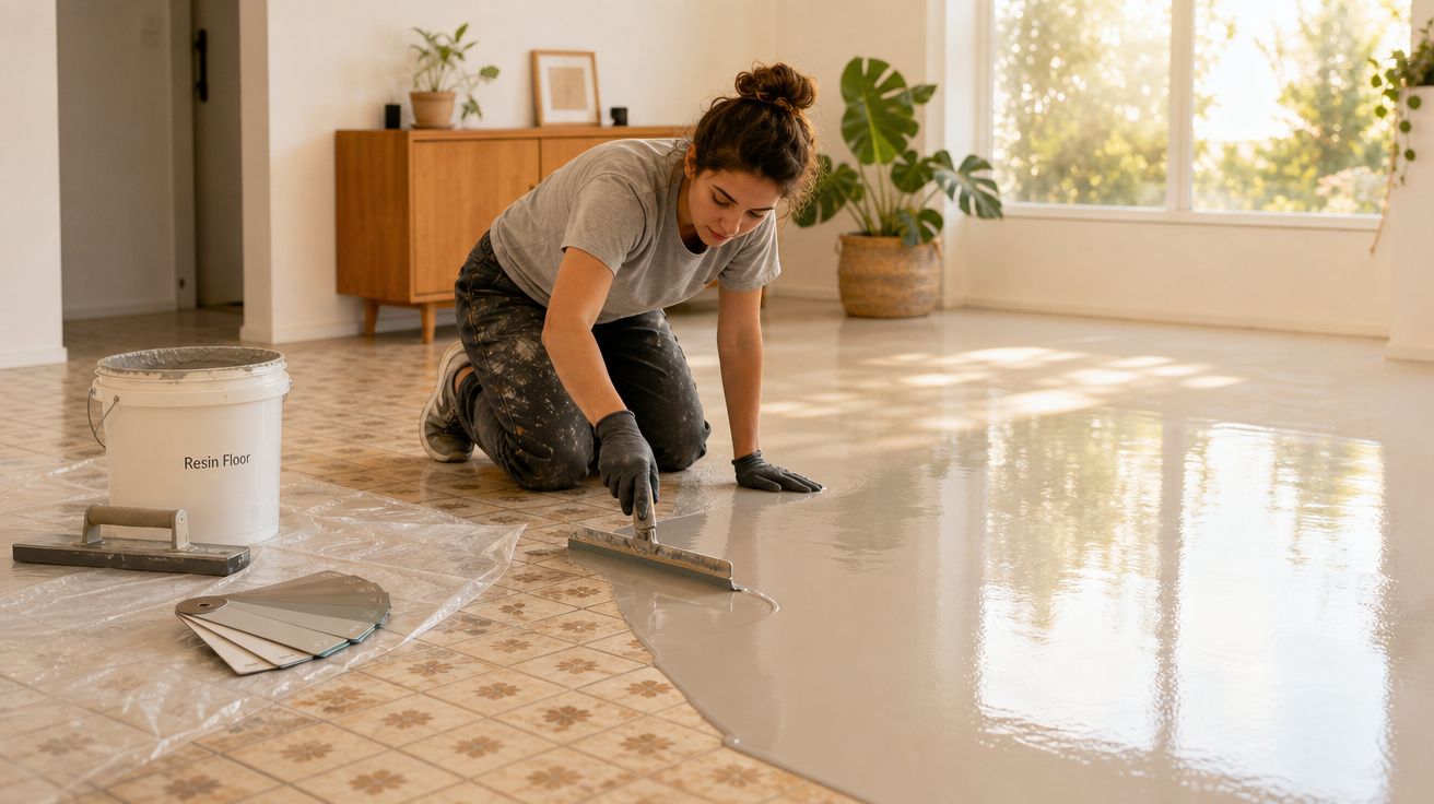 Mulher aplica resina cinza clara no chão de azulejos antigos durante renovação de piso em sala iluminada.