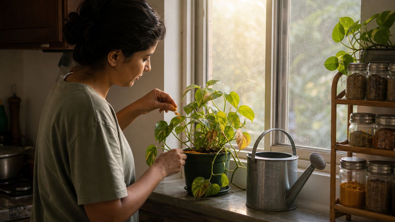 Mulher a cuidar de planta numa floreira junto à janela, com regador e frascos de especiarias à vista.