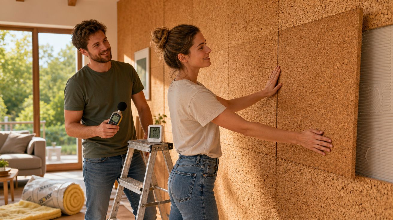 Casal a instalar painéis de cortiça numa parede interior luminosa numa sala acolhedora.