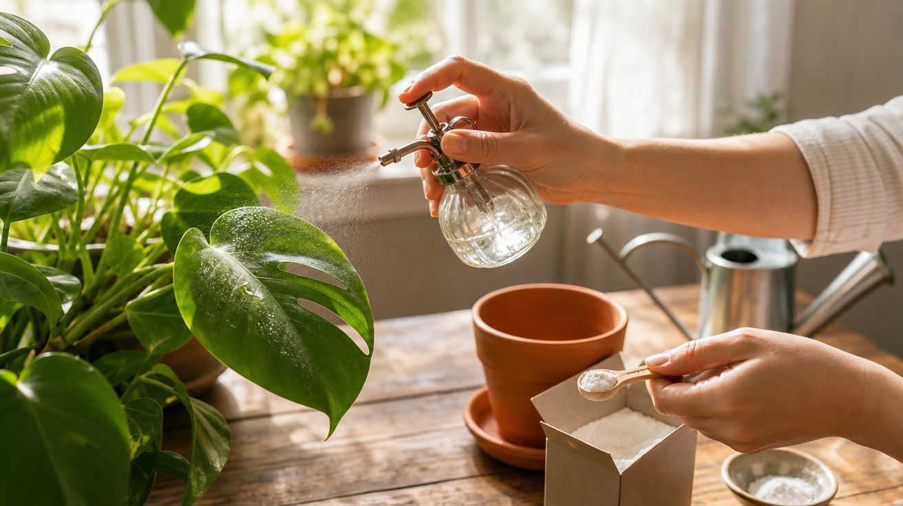 Mãos pulverizando água numa planta verde com rega e sal numa mesa de madeira iluminada pela luz natural.