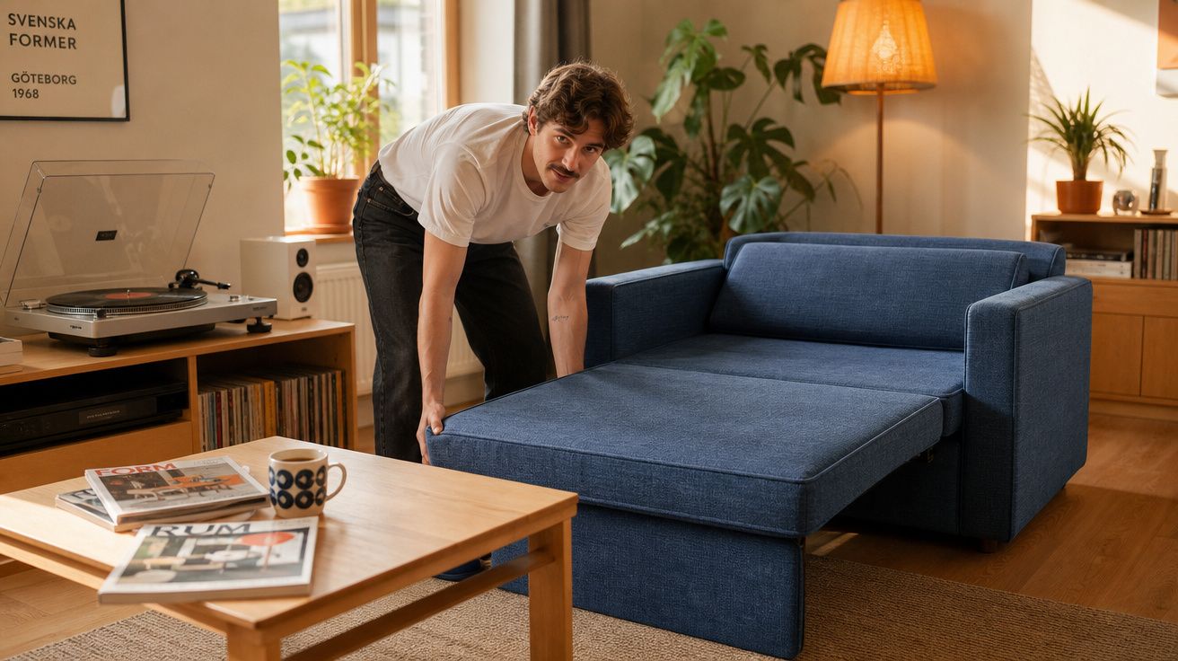 Homem a abrir um sofá-cama azul numa sala com móveis em madeira e decoração acolhedora.