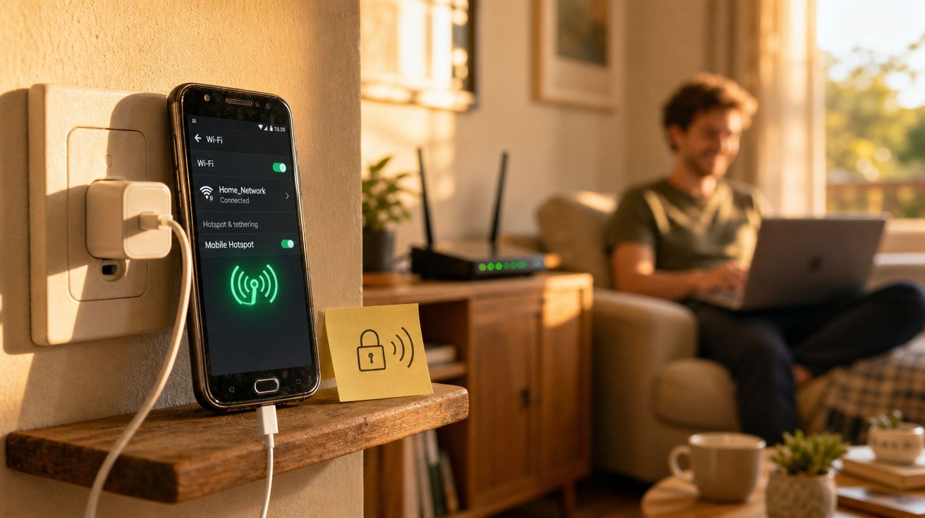 Smartphone ligado a carregador com wi-fi ativo em casa, homem a trabalhar no computador portátil numa sala iluminada.
