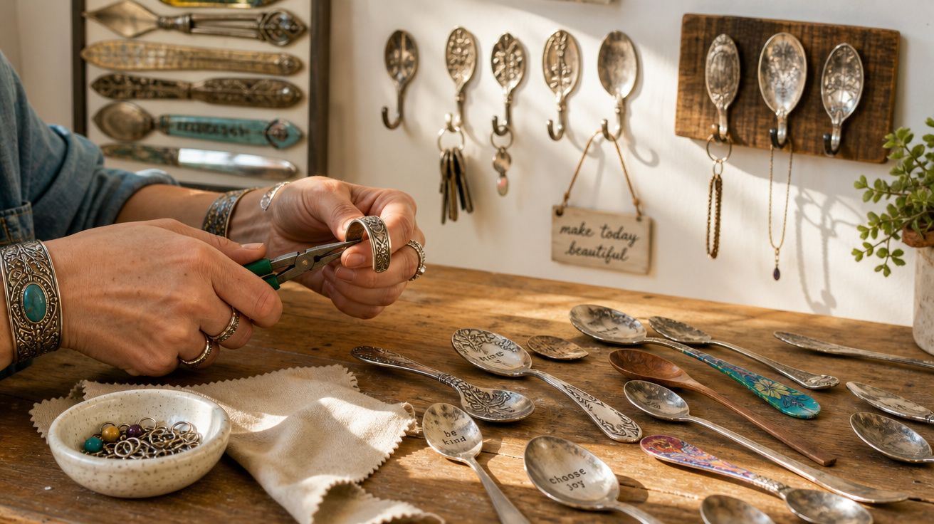Mãos a trabalhar na criação de joias com colheres de metal antigas decoradas sobre uma mesa de madeira.