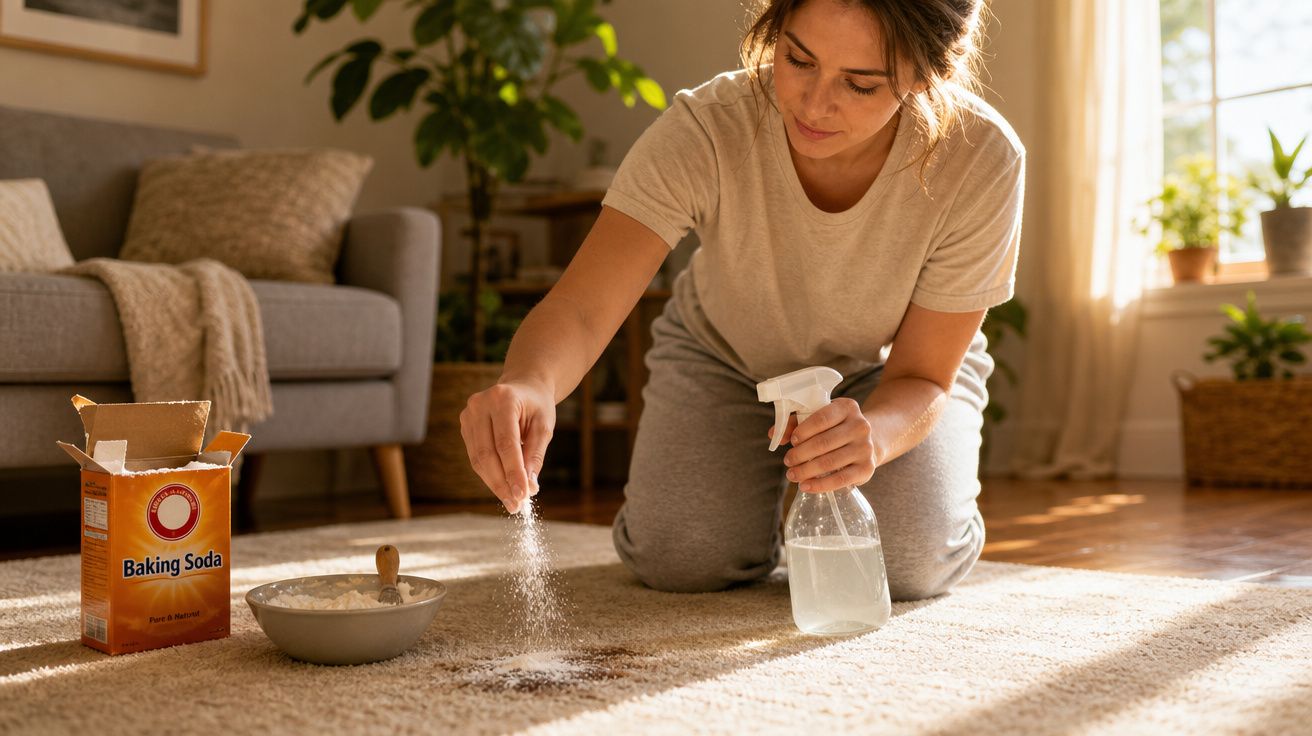 Mulher a limpar uma mancha no tapete com bicarbonato de sódio e spray num ambiente iluminado.