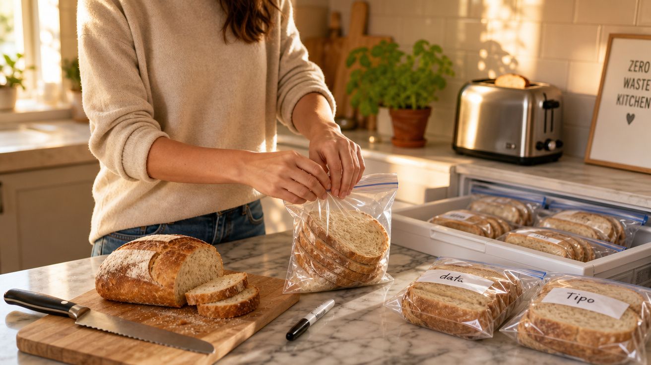 Pessoa a guardar fatias de pão em saco plástico numa cozinha com pão embalado rotulado na bancada.