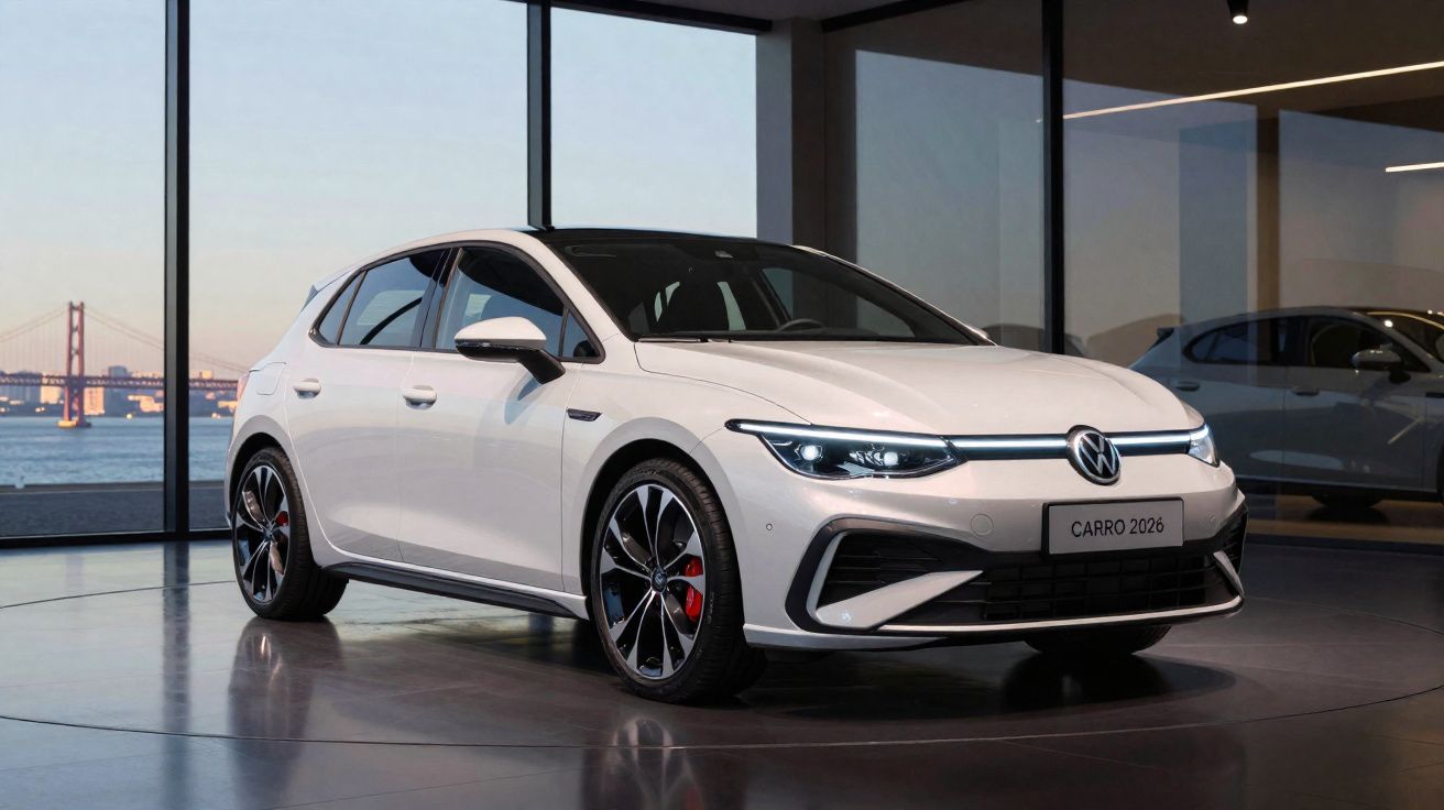Carro branco Volkswagen modelo 2026 numa garagem com janelas grandes e vista para uma ponte.