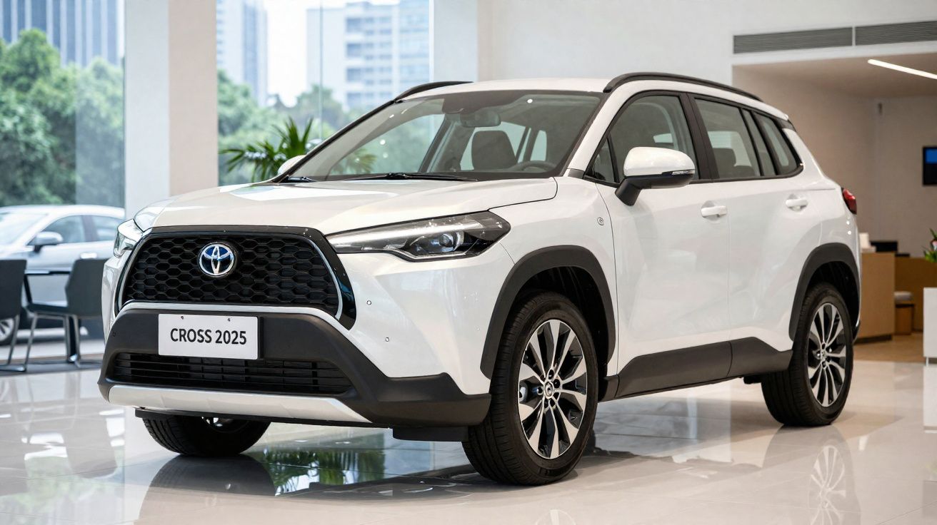SUV Toyota Cross branco 2025 em exposição numa sala moderna e iluminada.
