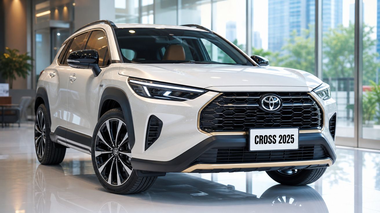 Automóvel Toyota Cross 2025 branco exibido num showroom moderno com janelas grandes e iluminação interior.