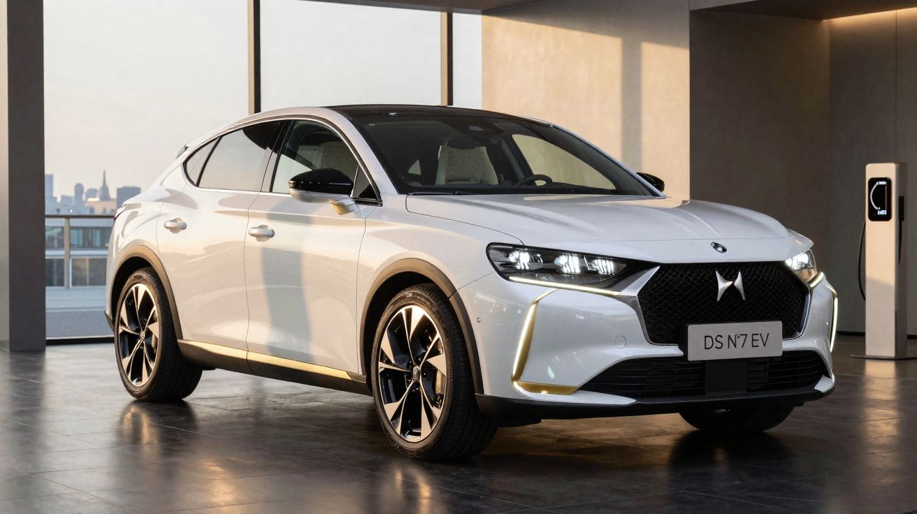 Veículo elétrico branco DS Automobiles DS N7 EV estacionado em garagem com carregador elétrico ao fundo.