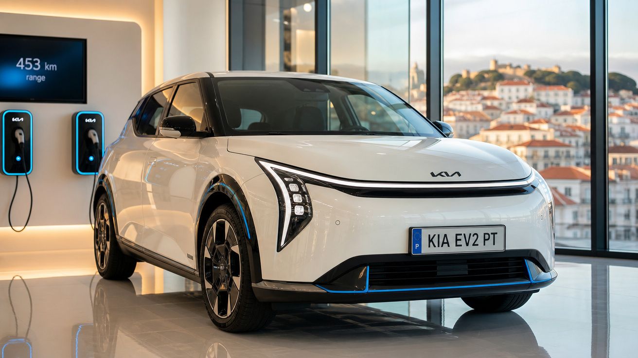 Automóvel elétrico branco Kia EV2 em exposição, com carregadores e vista urbana ao fundo.