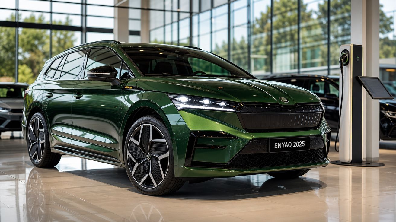 Carro elétrico Škoda Enyaq 2025 verde num showroom moderno com carregador elétrico ao lado.