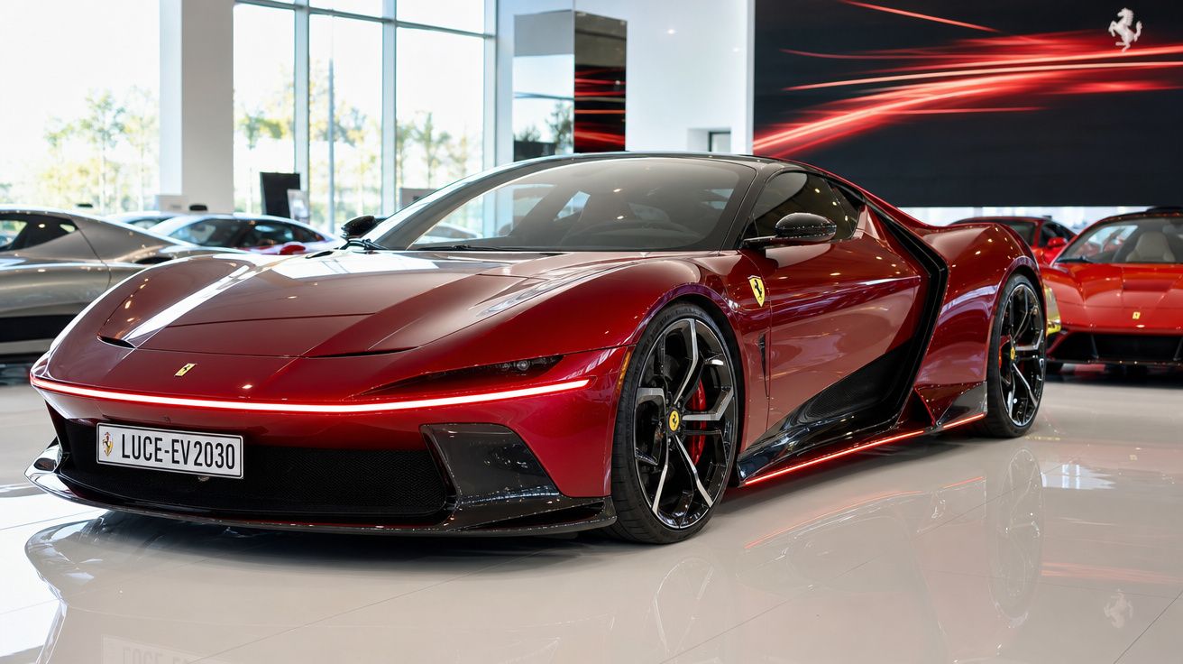 Carro desportivo Ferrari vermelho metálico exibido em casa de automóveis moderna e iluminada.
