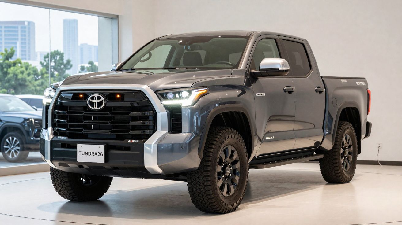 Toyota Tundra cinzenta estacionada em interior de showroom com janelas panorâmicas ao fundo.