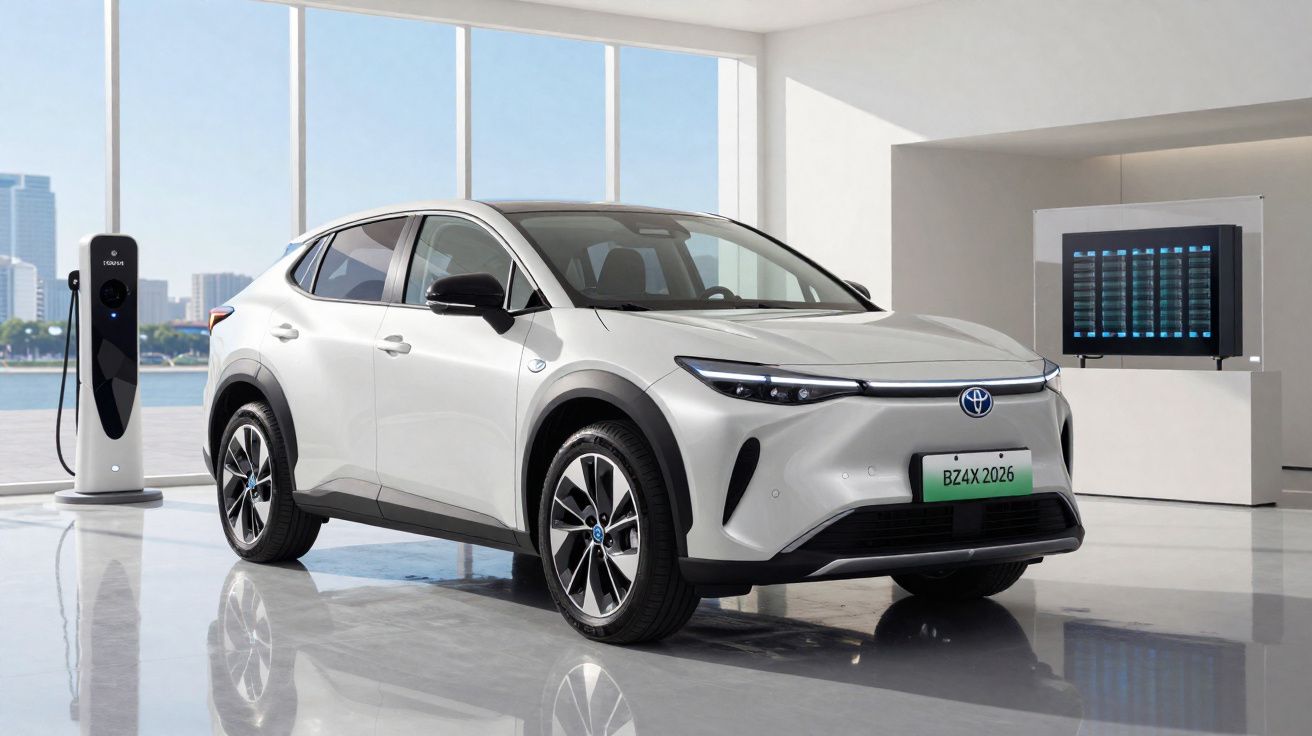 Carro elétrico branco Toyota BZ4X estacionado em showroom moderno com carregador elétrico ao lado.