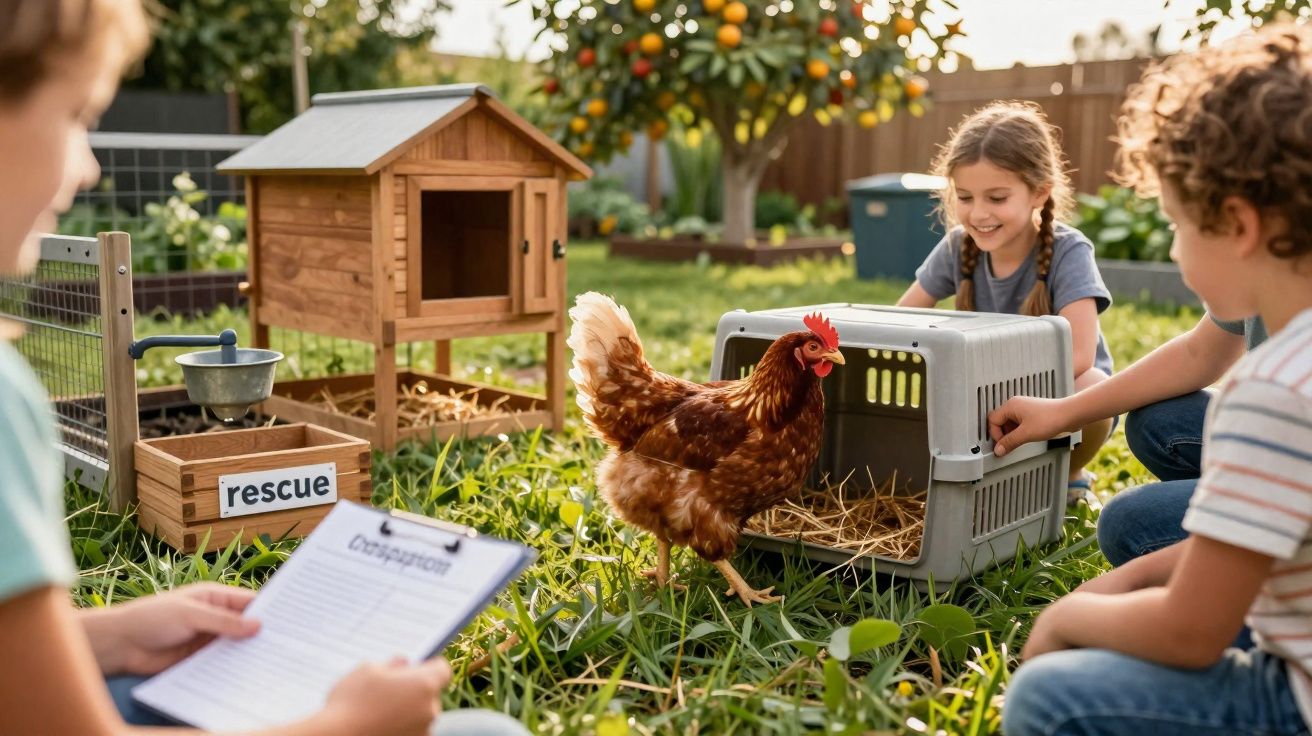 Crianças a libertar uma galinha num jardim com pequenas casas para animais e uma caixa de captação.