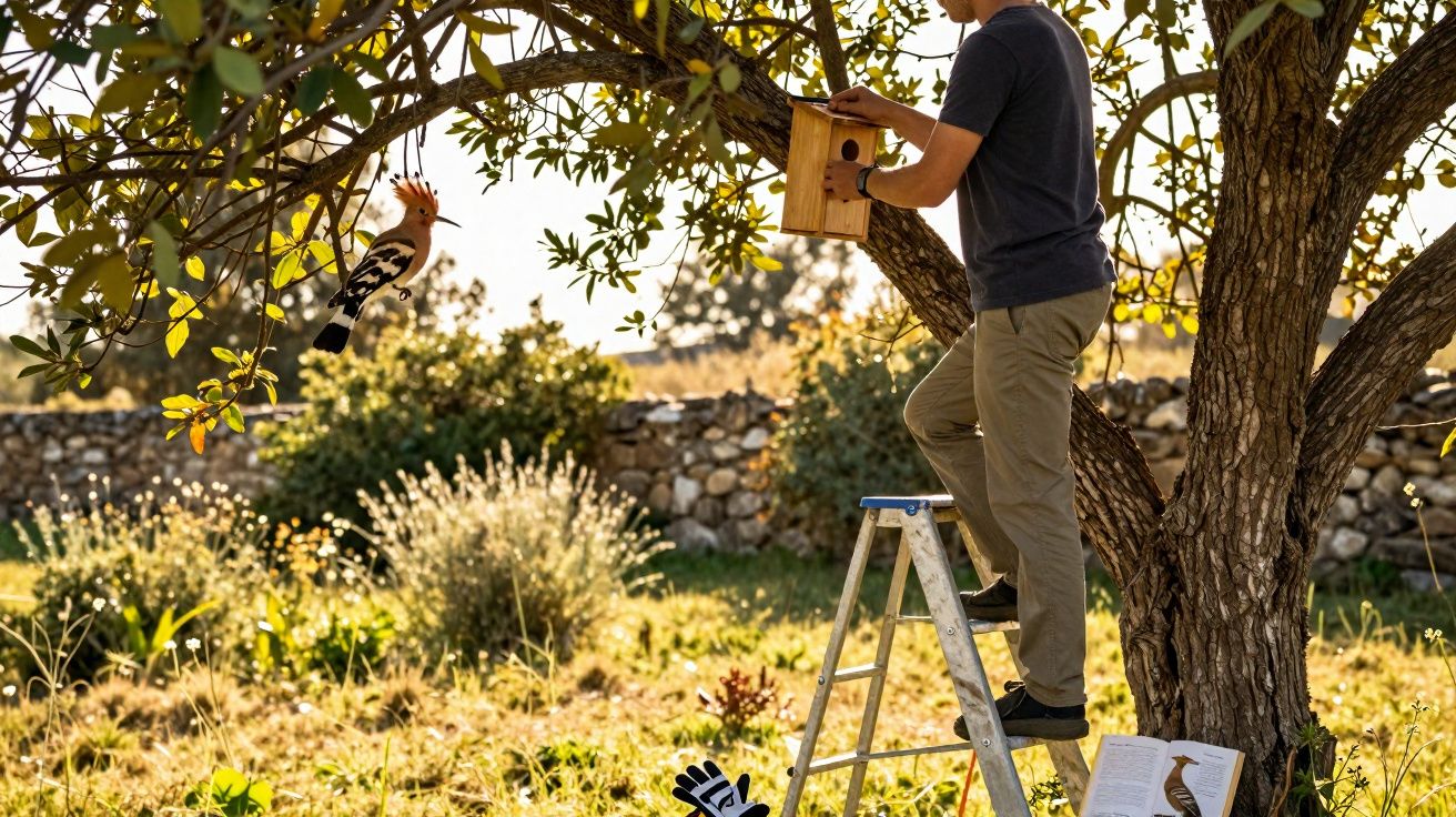 Homem a instalar uma casa de pássaros numa árvore, com pássaro colorido pousado em ramo próximo.