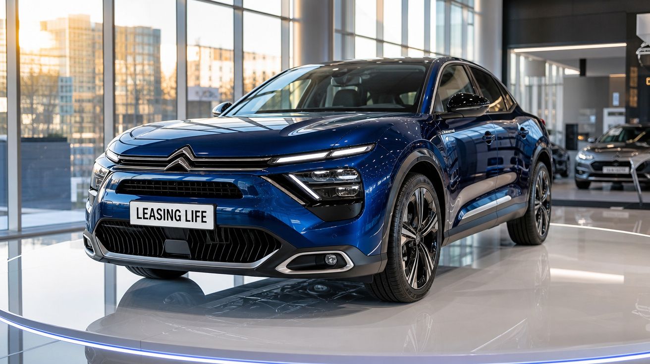Carro Citroën eléctrico azul exposto num showroom moderno com janelas amplas e iluminação natural.