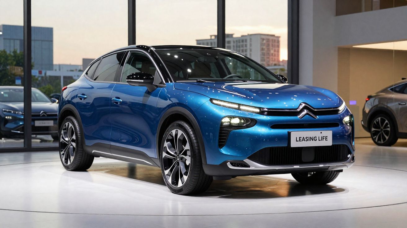 Carro Citroën elétrico azul exposto num salão moderno com iluminação suave e fundo urbano.