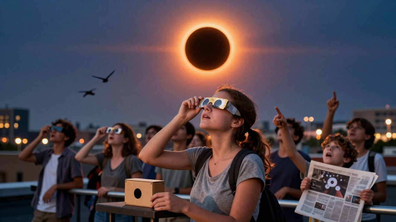 Grupo de pessoas a observar eclipse solar com óculos de proteção numa cidade ao entardecer.