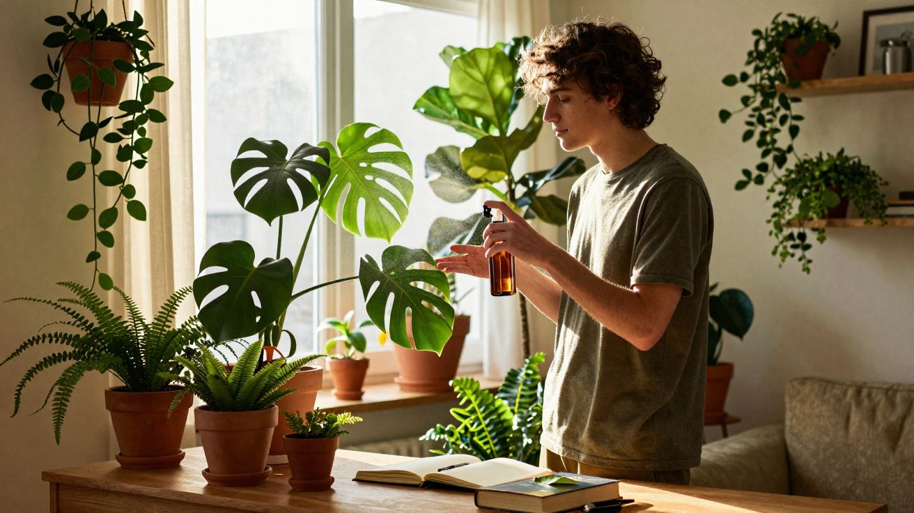 Jovem a cuidar de plantas em vasos numa sala iluminada por luz natural junto a uma janela.