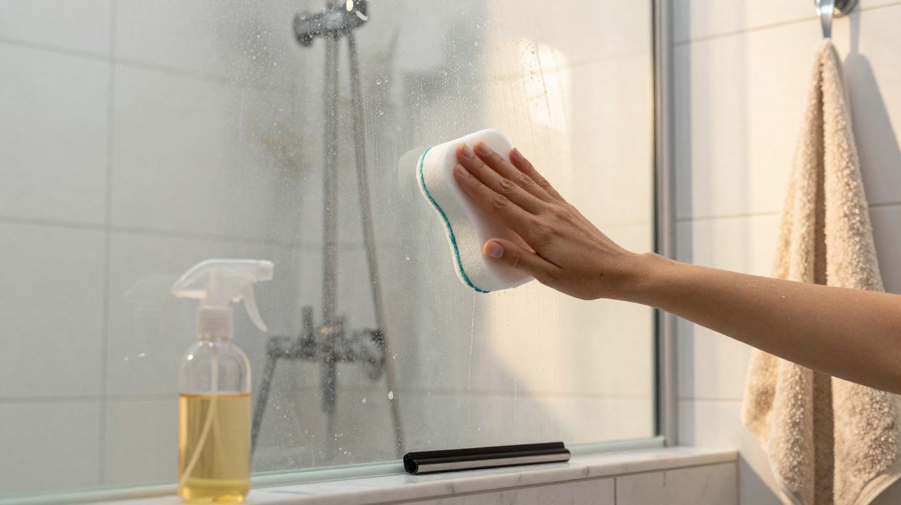 Pessoa a limpar o vidro da cabine de duche com uma esponja e spray de limpeza à vista.