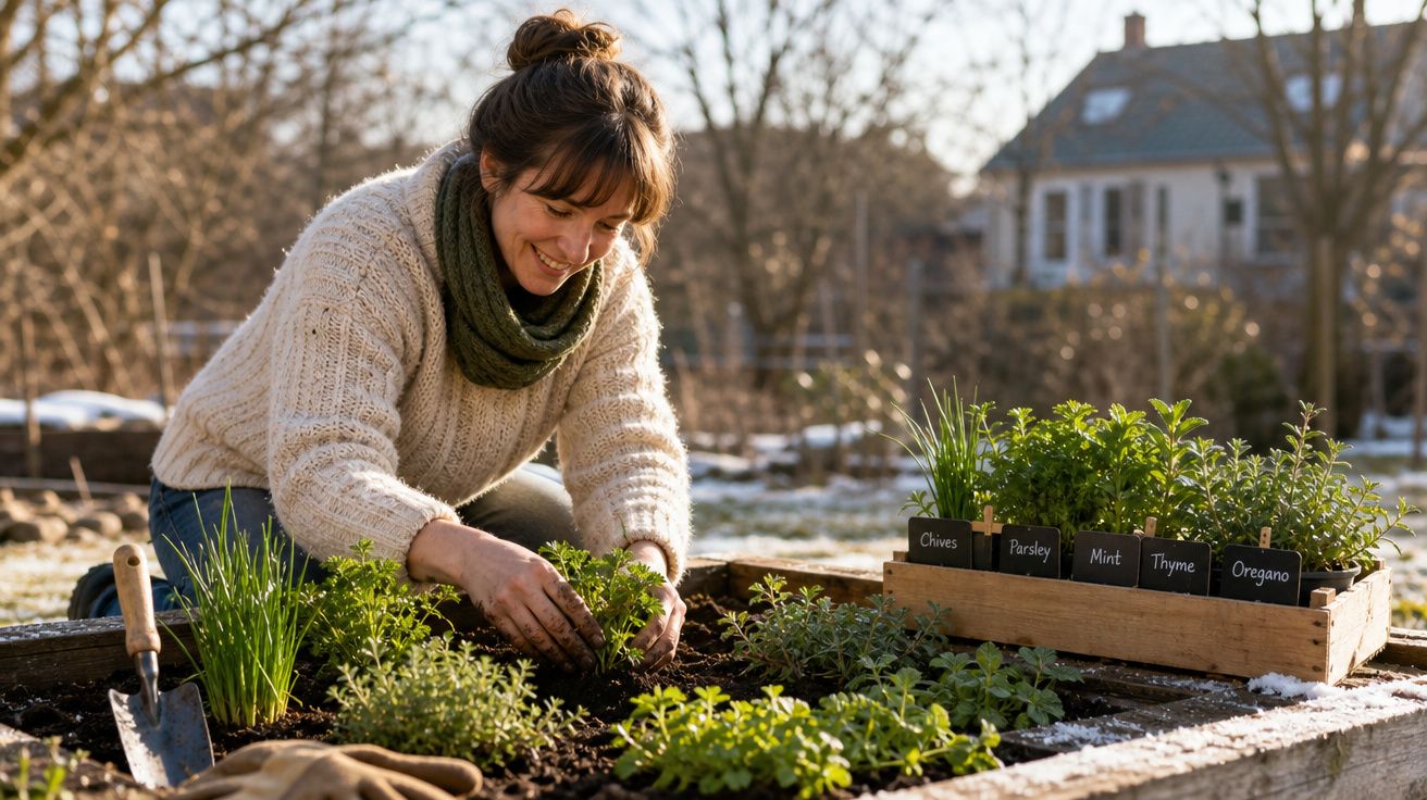 Mulher a sorrir a cuidar de ervas aromáticas numa horta elevada ao ar livre num dia de inverno.