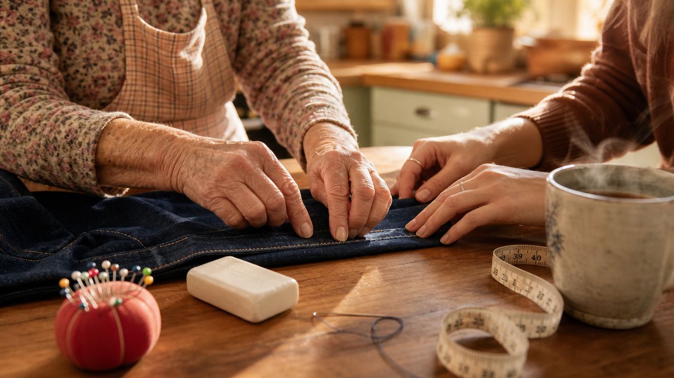 Duas pessoas a remendar um jeans numa mesa com alfinetes, giz, fita métrica e chávena.