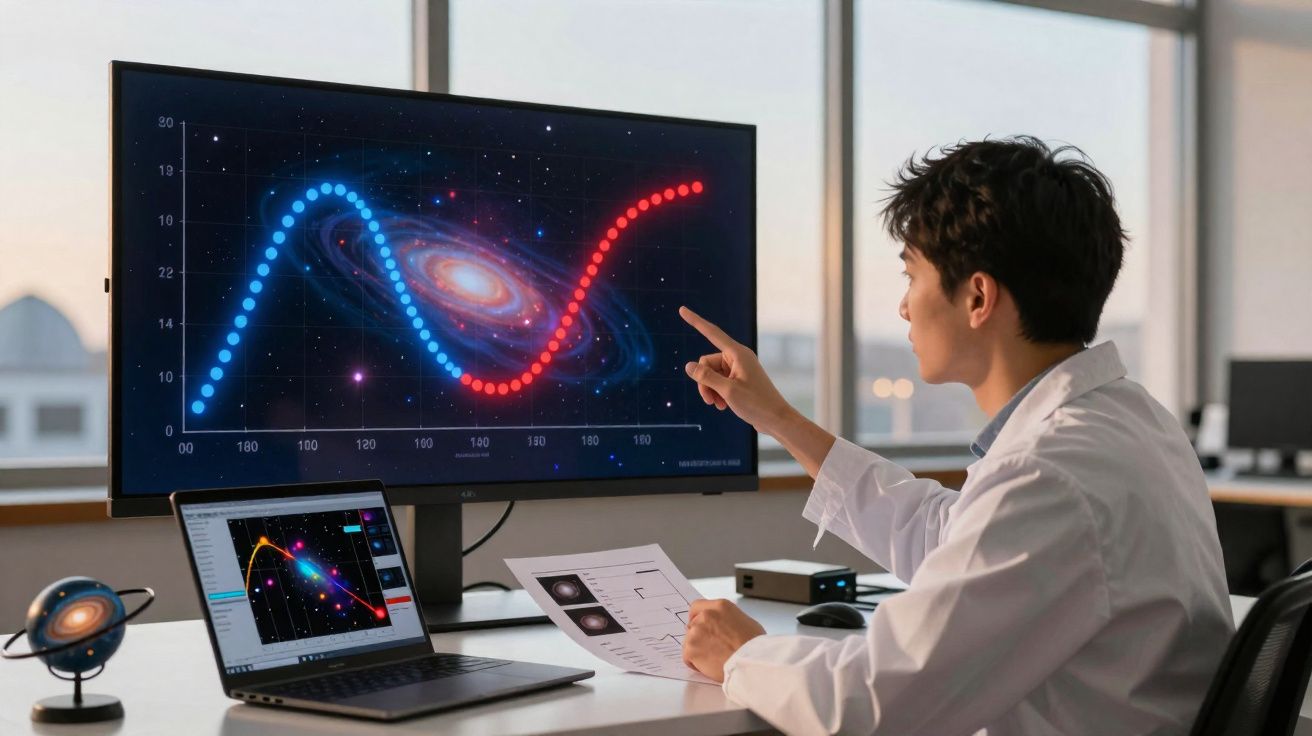 Cientista numa sala a analisar gráficos coloridos de galáxias numa tela e num portátil, com documentos na mão.