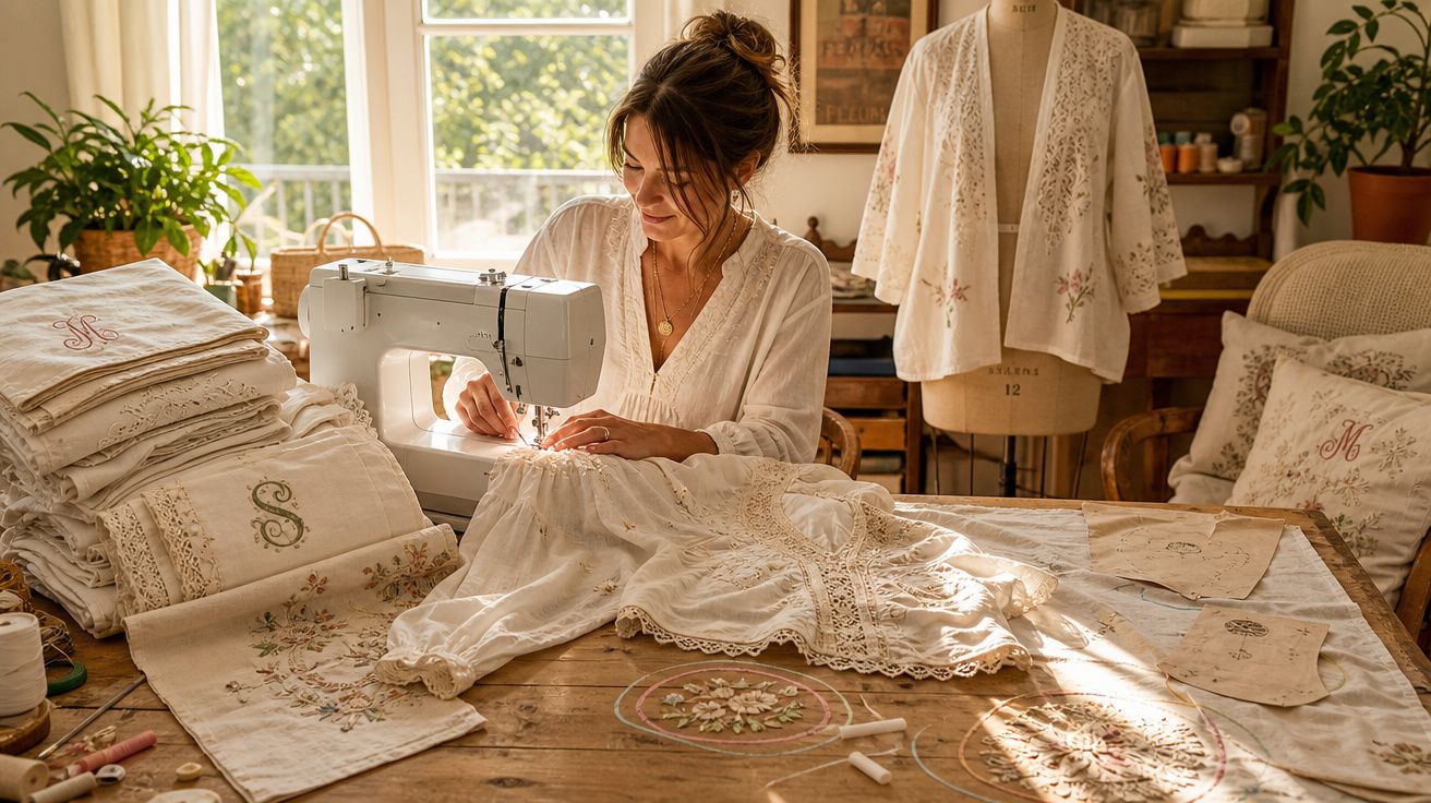 Mulher a costurar roupa branca com máquina num ateliê luminoso, rodeada de tecidos bordados.