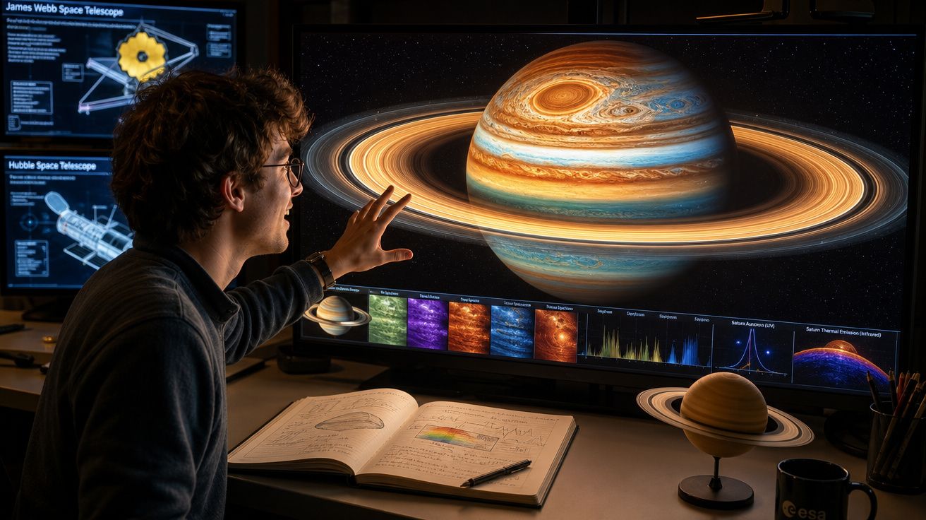 Pessoa a estudar imagem detalhada do planeta Saturno num ecrã grande com livro aberto e modelo do planeta com aneis na mesa.
