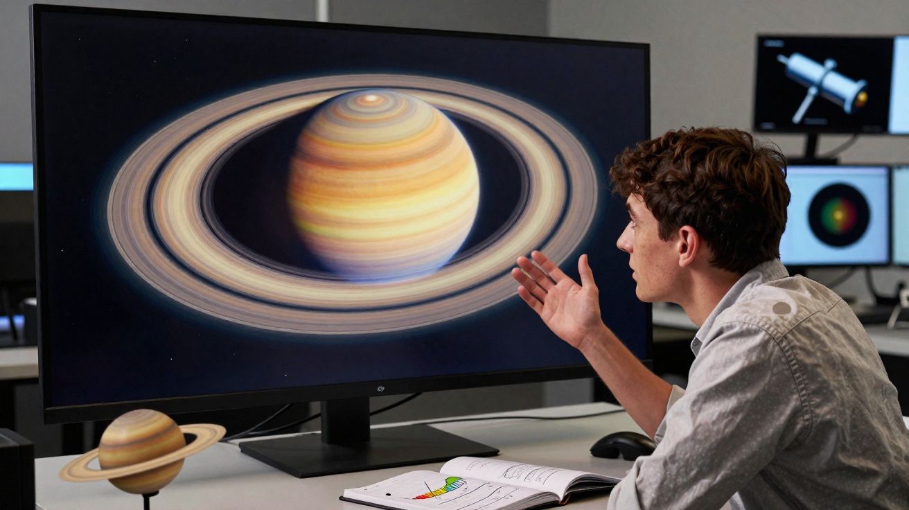 Homem a analisar imagem da planeta Saturno com aneis num ecrã de computador em laboratório.